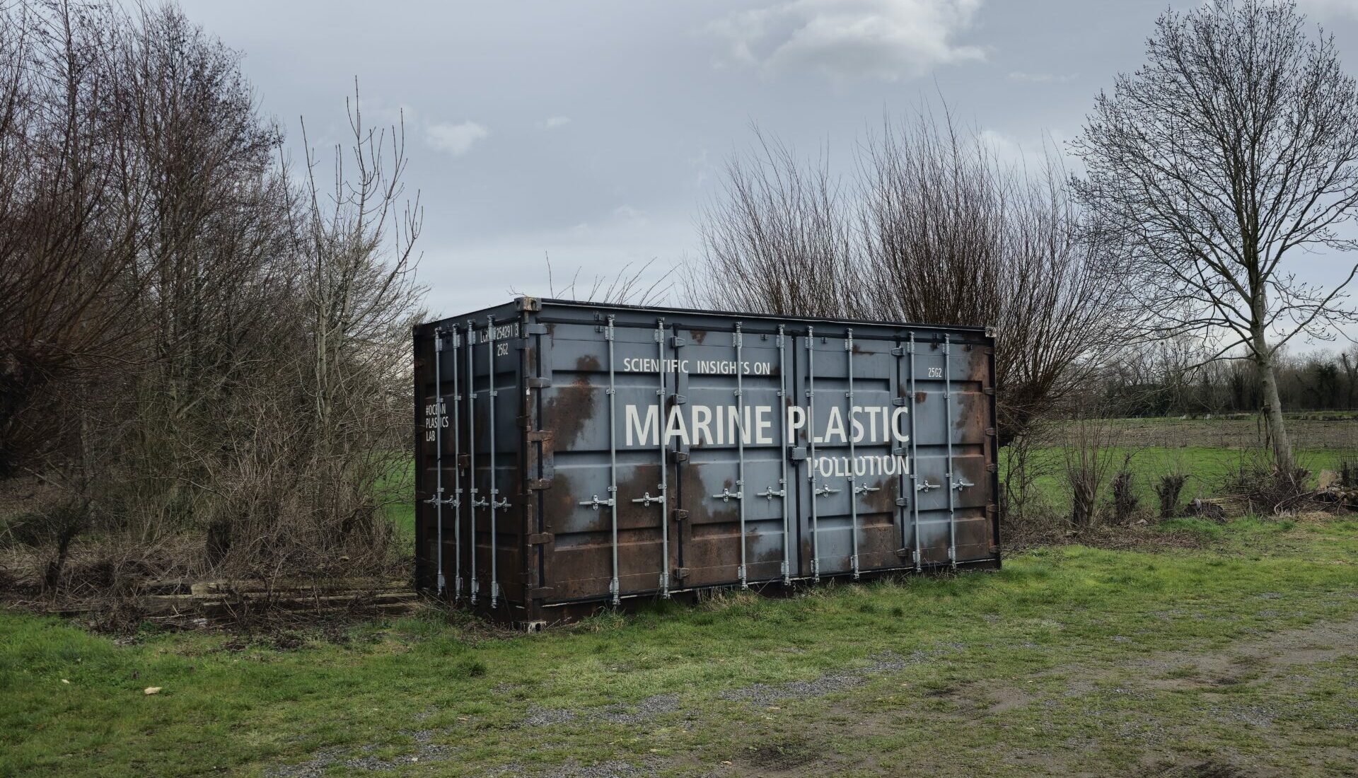 Ein Übersee-Container mit dem Aufdruck: Marine Plastic Pollution steht in der Natur.